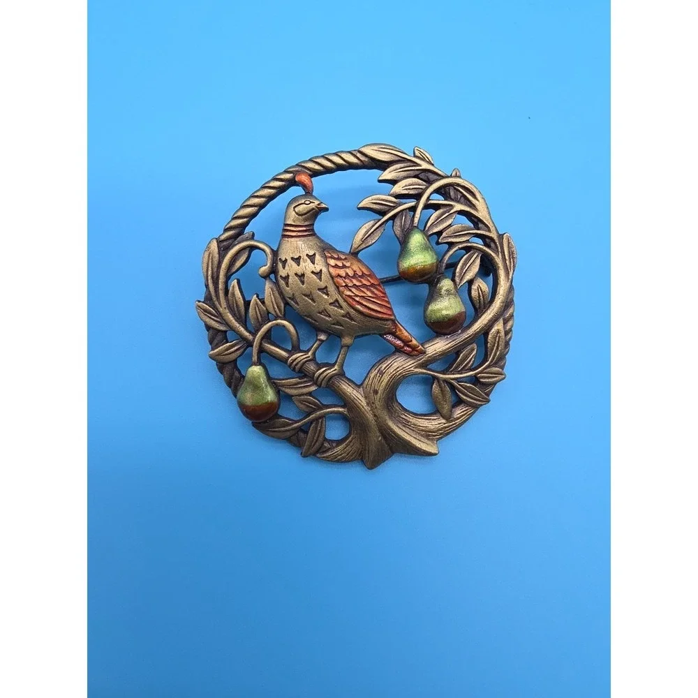 Vintage JJ Jonette Partridge in a Pear‎ Tree Christmas Brooch Pin Enamel Bird